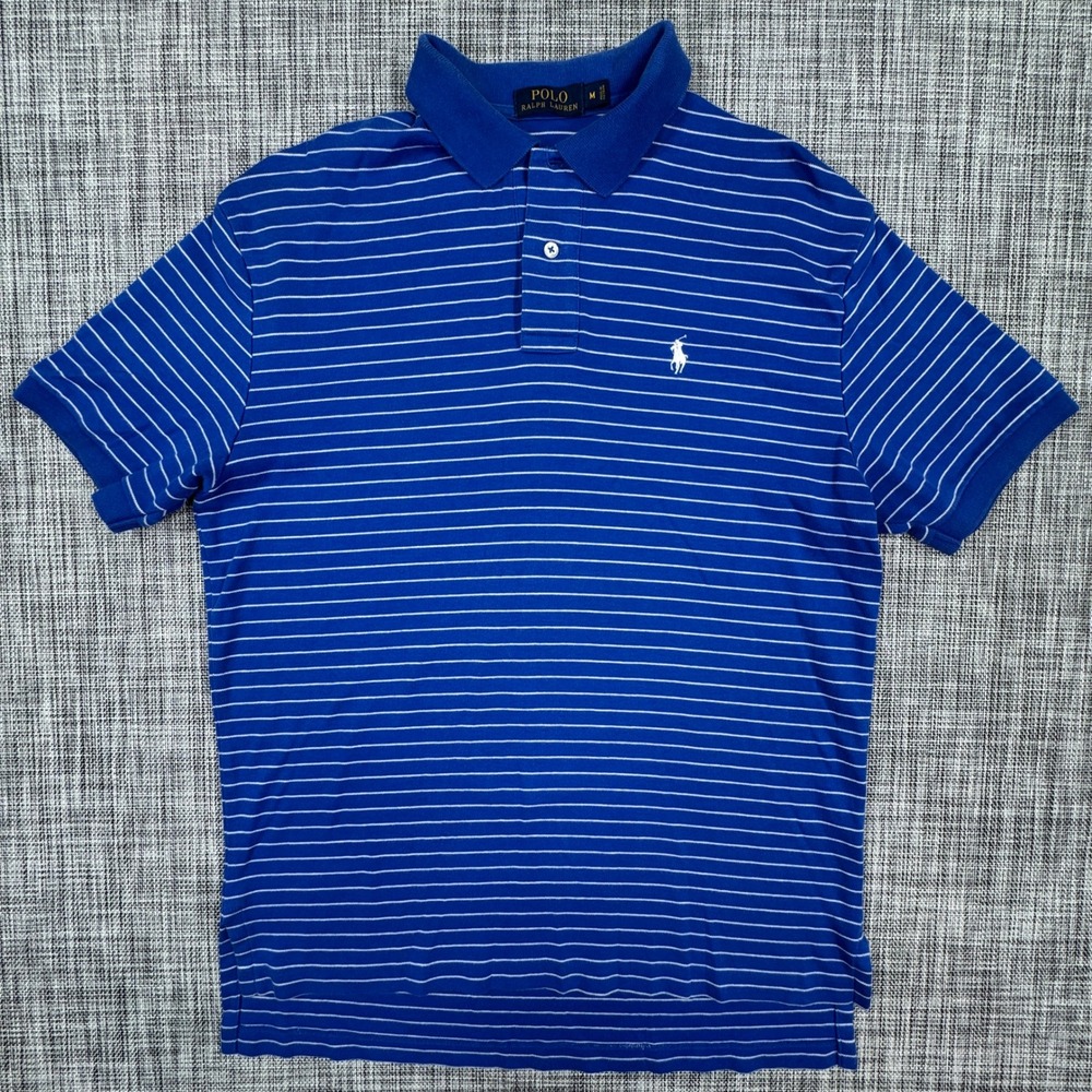 Polo Ralph Lauren Mens Short Sleeve Striped Cotton Polo Shirt Blue White Medium